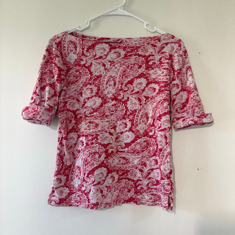 Lauren Ralph Lauren Pink Paisley Boat Neck Cotton Top Preppy Coastal Size Medium